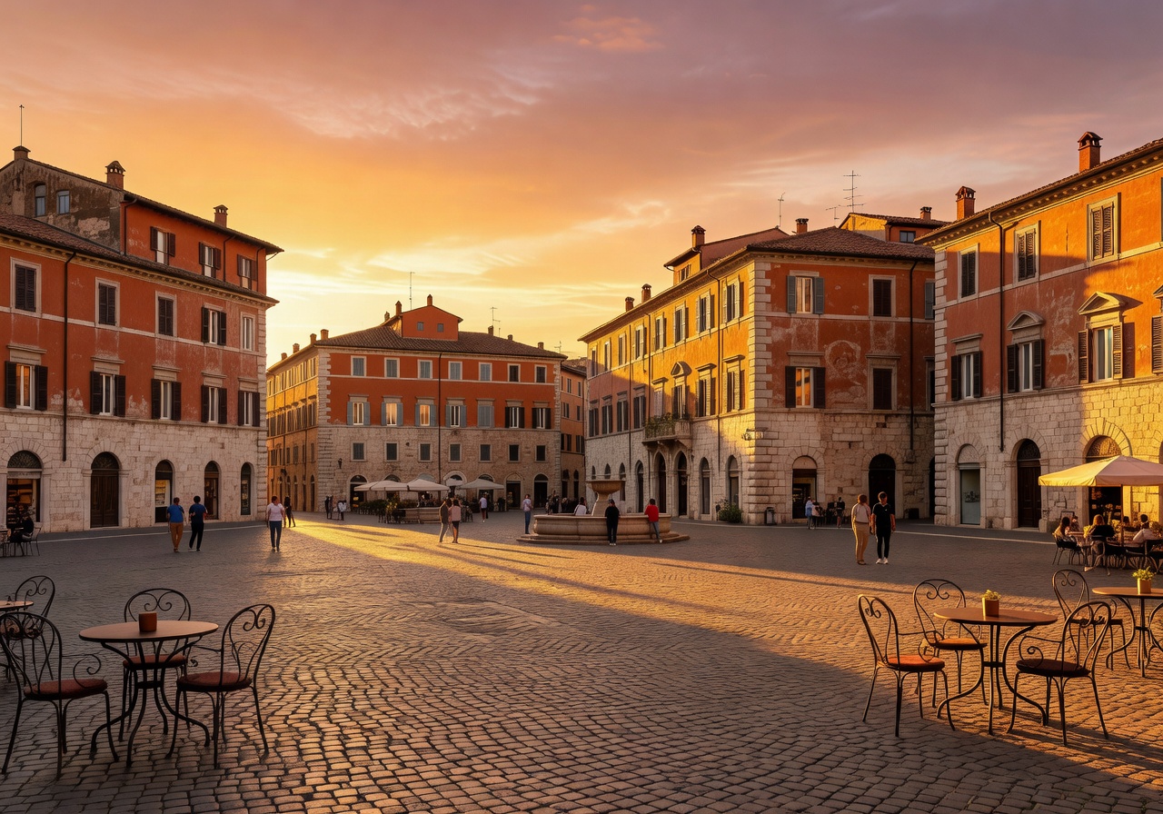 Beautiful Italian piazza at sunset creating a warm inviting atmosphere