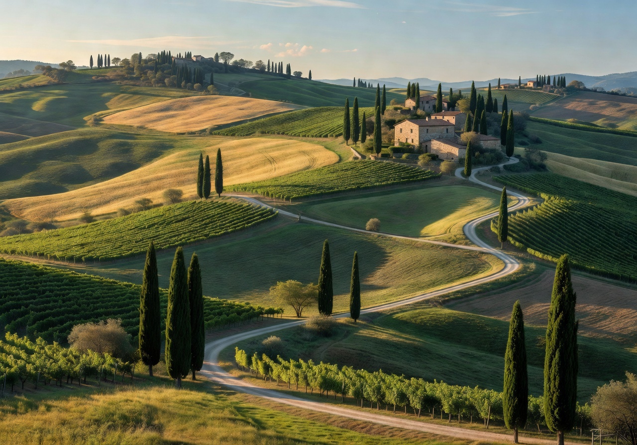 Breathtaking Italian countryside with rolling Tuscan hills and cypress trees
