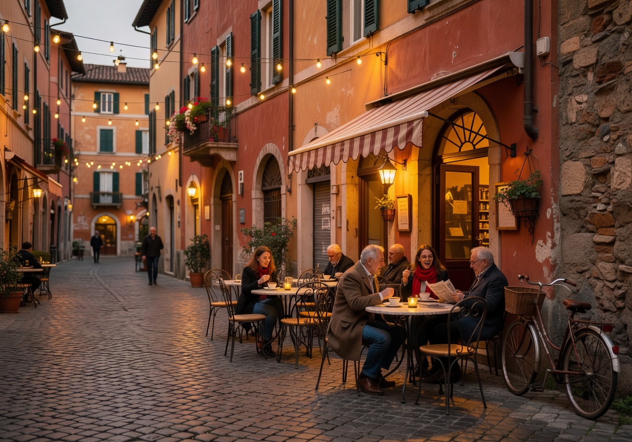 Charming Italian street scene with cafe tables and warm ambient lighting