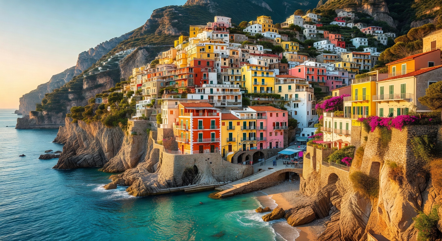 Colorful Amalfi Coast village perched on cliffs above turquoise Mediterranean sea