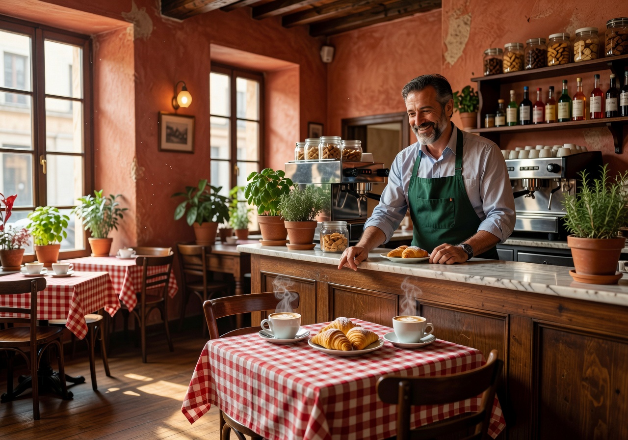 Cozy Italian cafe interior representing friendly helpful atmosphere