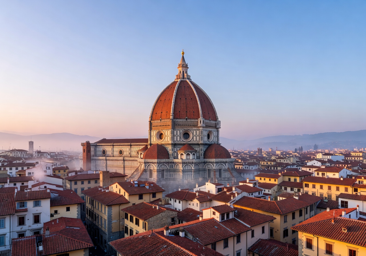 Florence Duomo cathedral dome rising above terracotta rooftops at dawn