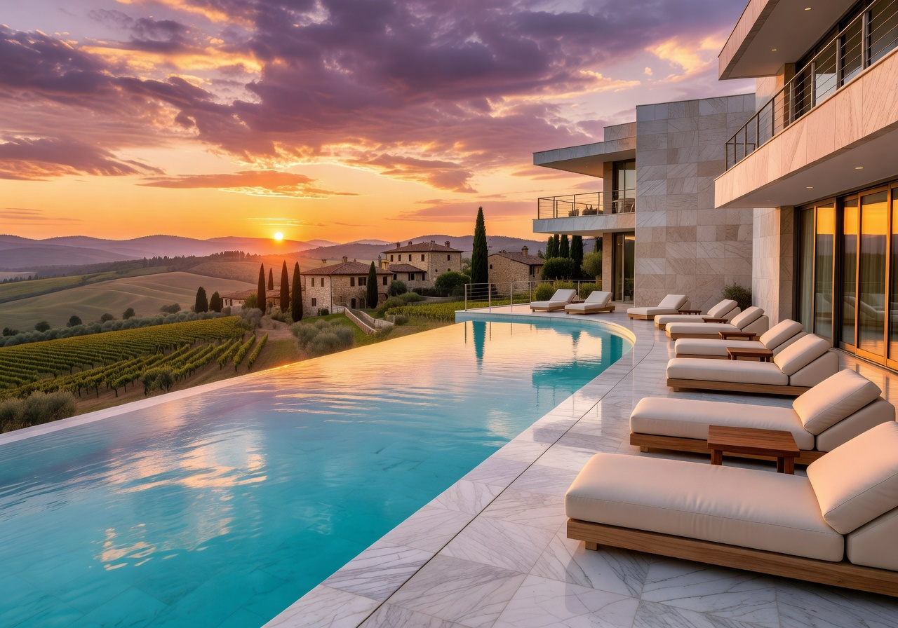 Luxurious hotel infinity pool overlooking Italian landscape at sunset