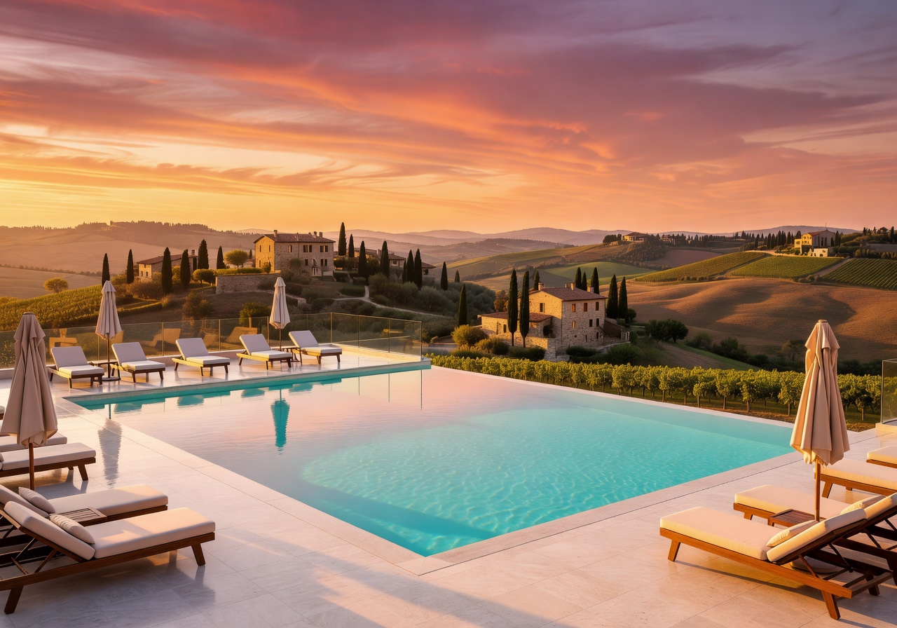 Luxury hotel pool area overlooking Italian landscape at sunset