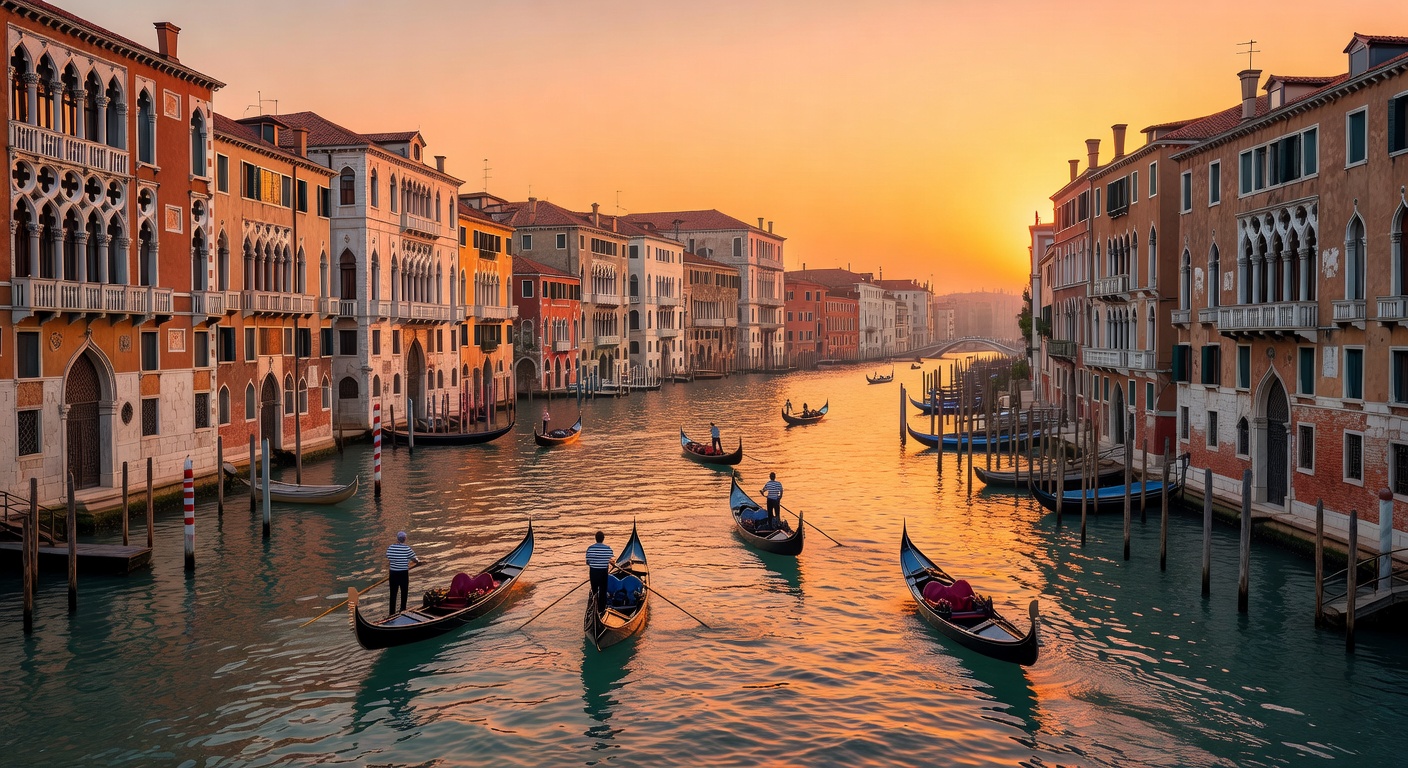 Panoramic view of Venice Grand Canal at sunset with gondolas and historic buildings