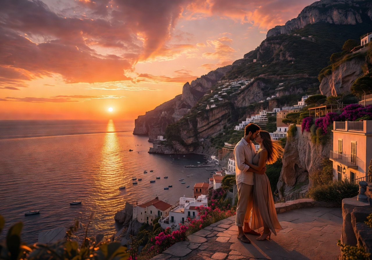 Romantic Italian sunset over coastal landscape perfect for couples