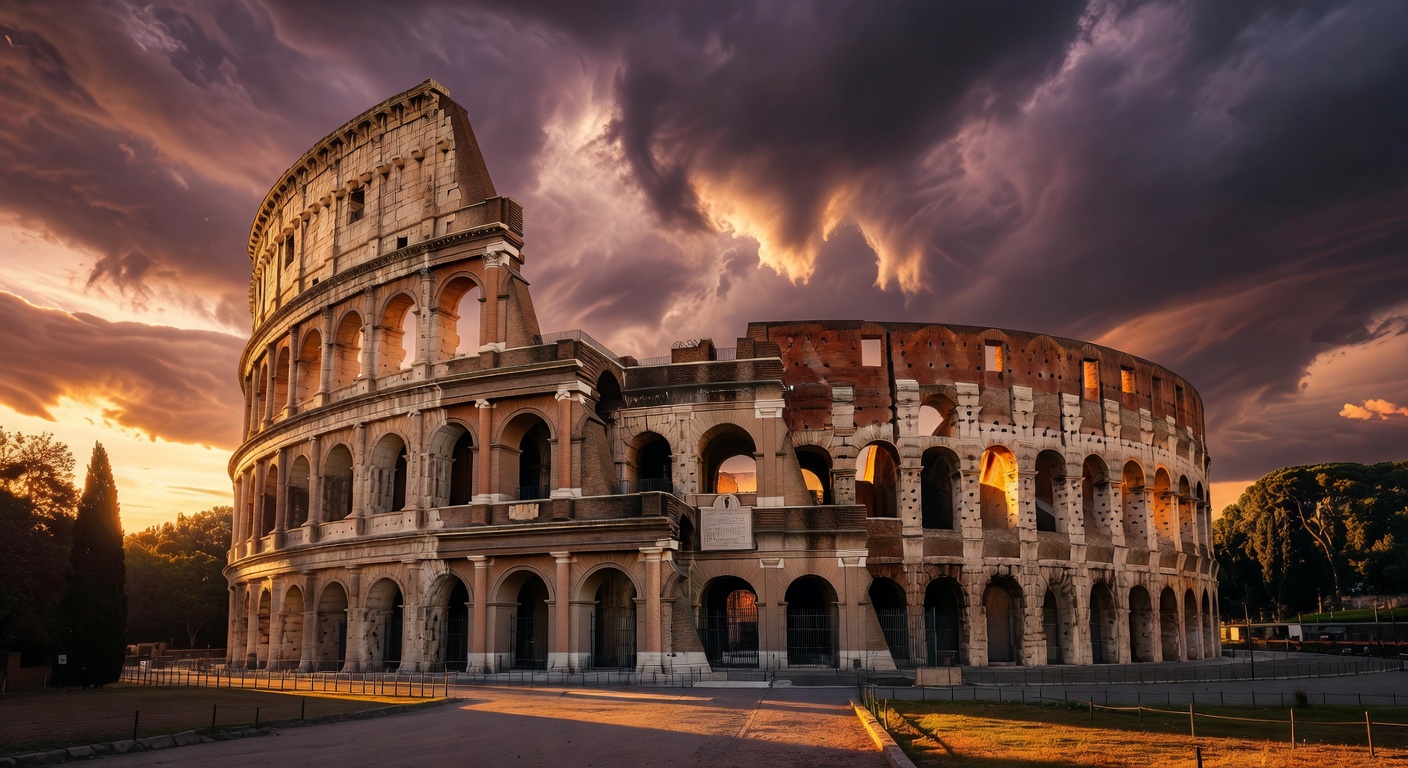 The Roman Colosseum illuminated at golden hour with dramatic sky