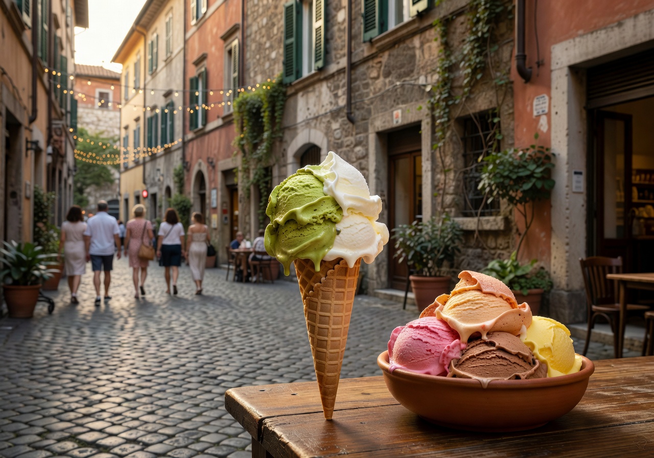 Traditional Italian gelato in a charming cobblestone street setting