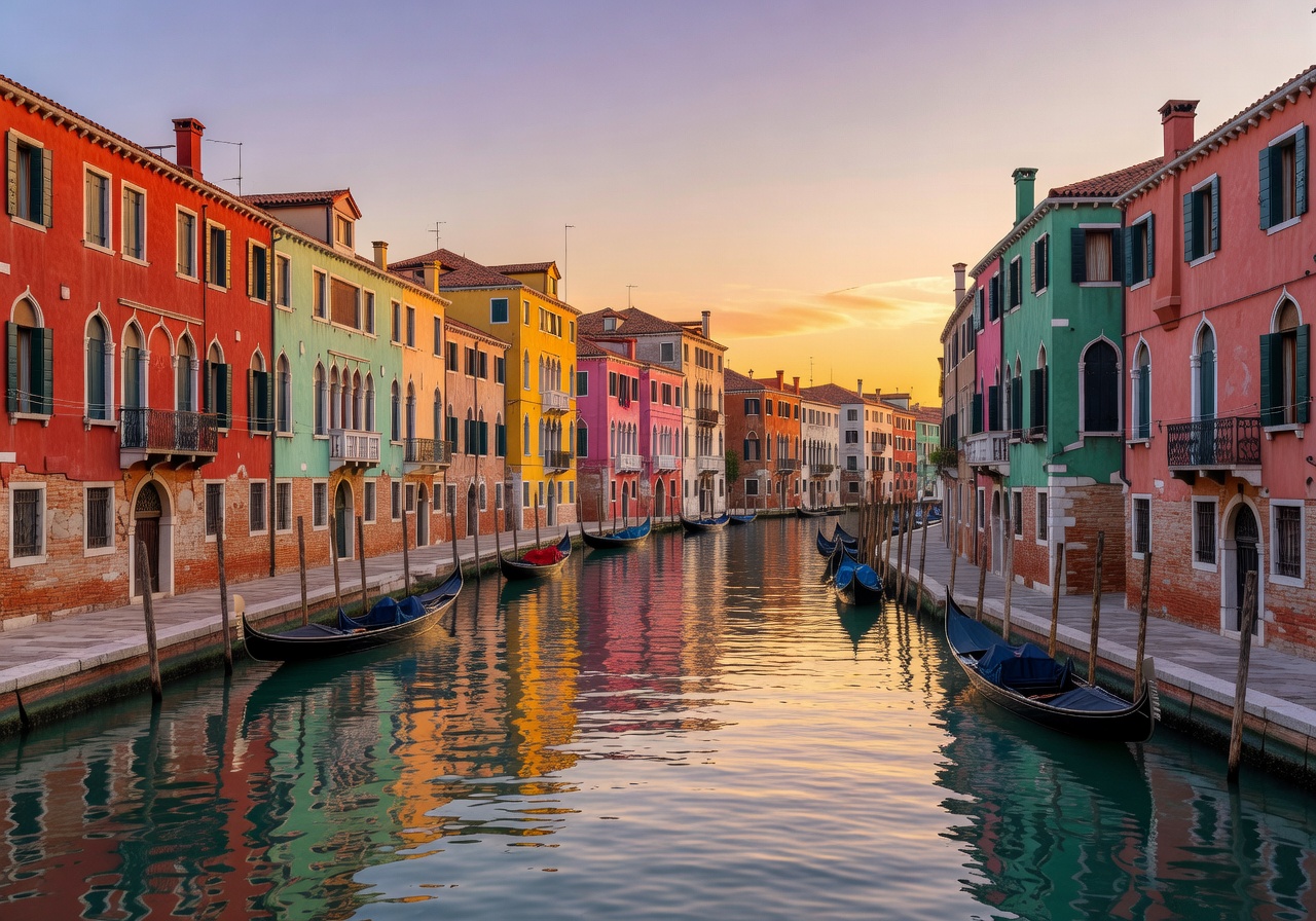 Venice Grand Canal at sunset with iconic gondolas and colorful buildings