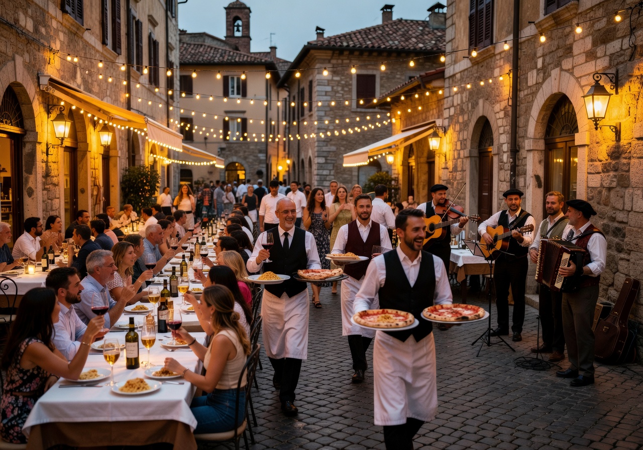 Vibrant Italian nightlife scene with outdoor dining and entertainment